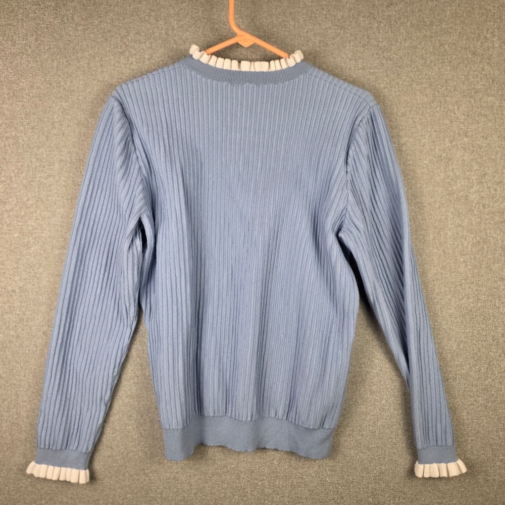 Arach & Cloz Womens Blue Ribbed Ruffle Trim Henley Sweater Top Size L - Picture 9 of 9